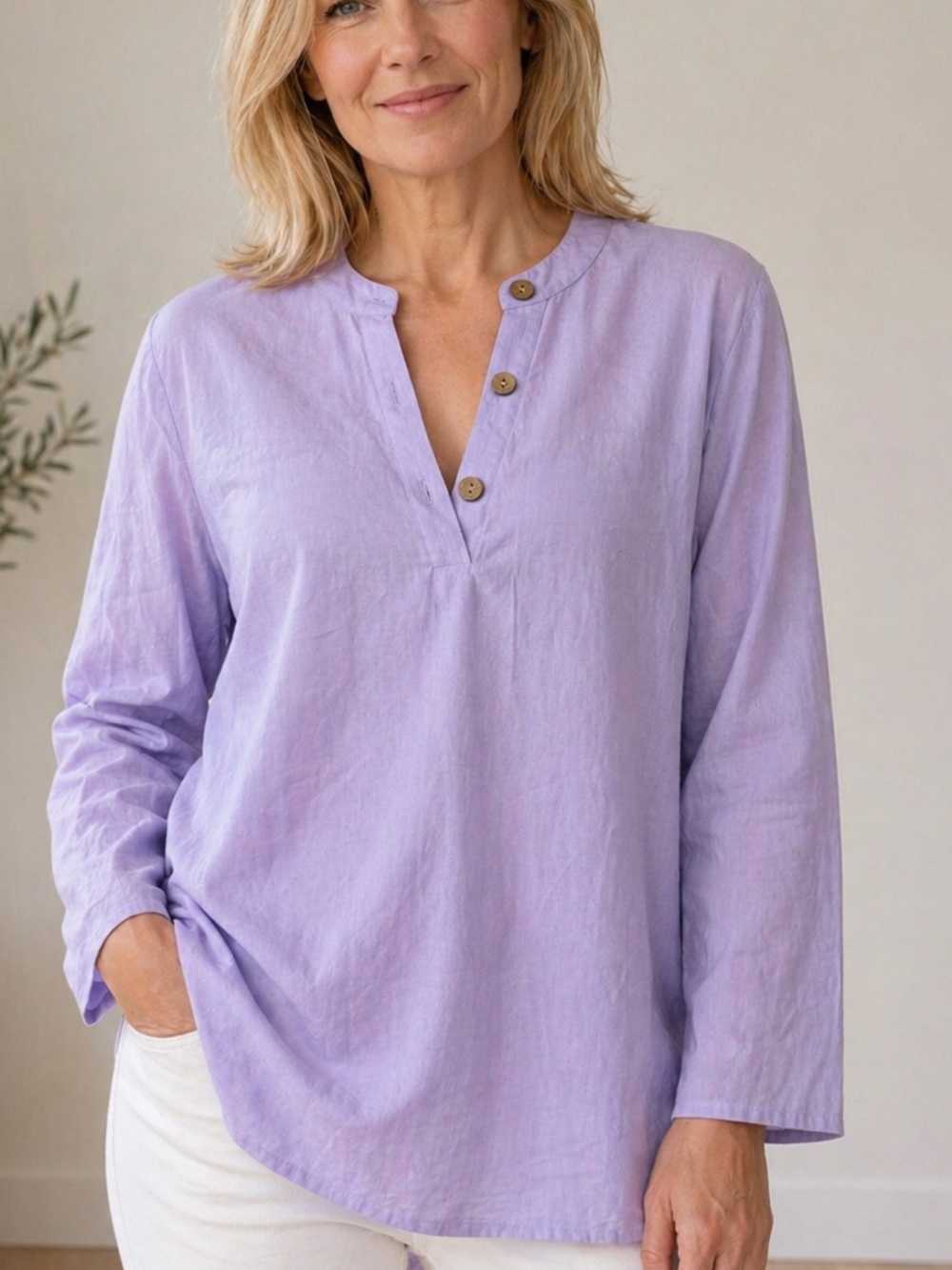 Lavender Cotton Tunic Blouse Button Neck Long Sleeve Tunic NWOT